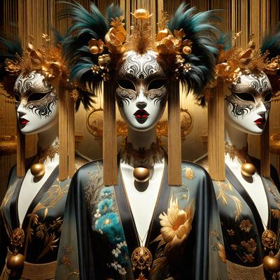 The primary subject of the image is a display of three mannequins wearing masks and costumes. The setting is a store or a display area, showcasing the mannequins in a visually appealing manner. The visual style is a combination of photo and digital art, creating a unique and eye-catching presentation. The colors and mood of the image are predominantly gold and black, giving it a luxurious and dramatic atmosphere.